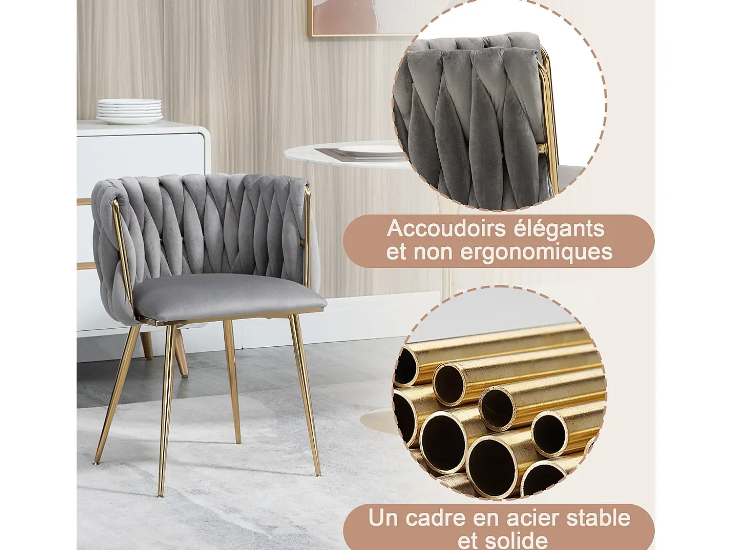 Juego de 2 Sillas con Respaldo de Concha y Bastidor Trenzado, Patas Doradas - Gris - Elegancia Bohemia