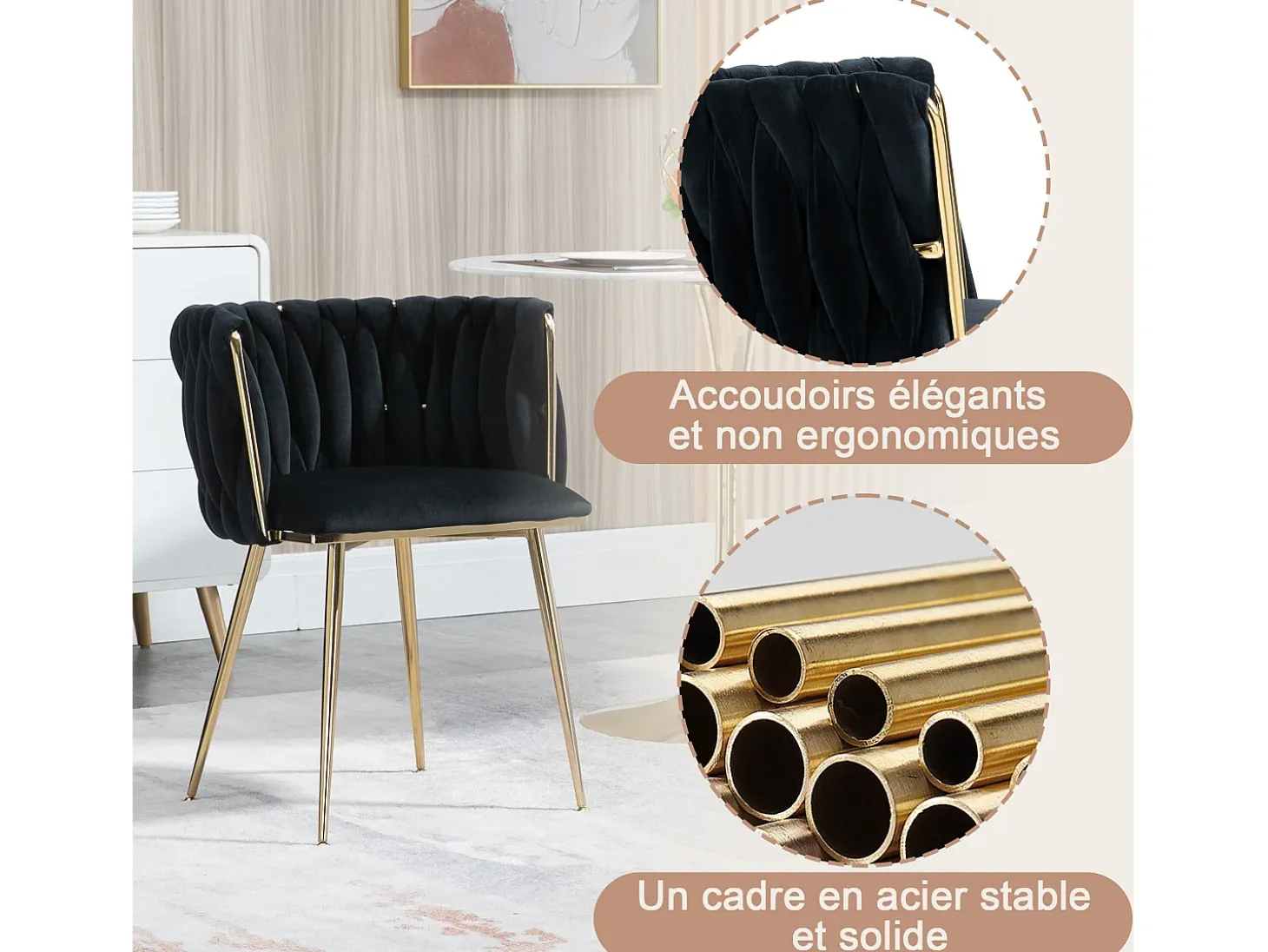 Juego de 2 Sillas con Respaldo de Concha y Bastidor Trenzado, Patas Doradas - Negro - Elegancia Bohemia