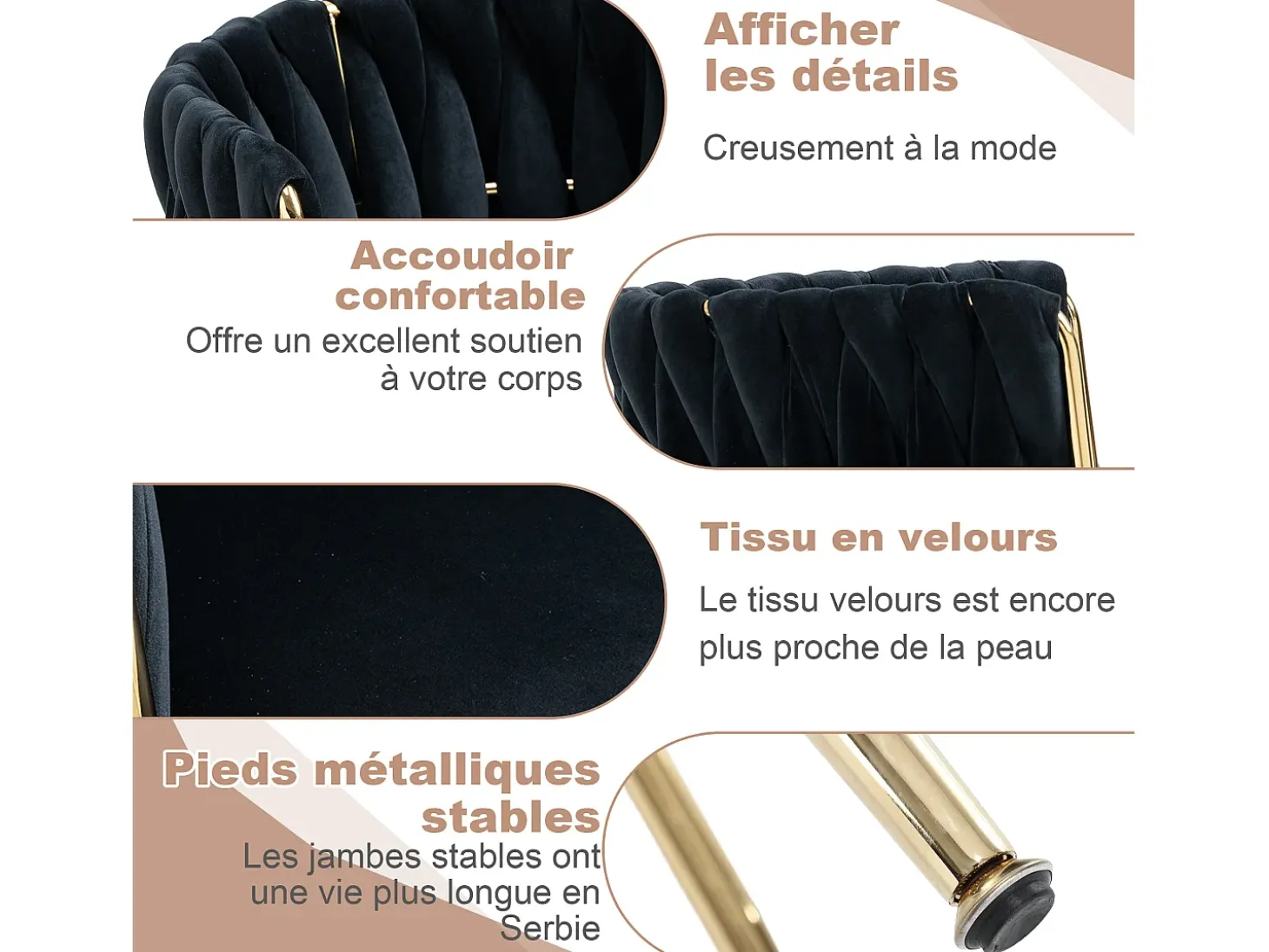 Juego de 2 Sillas con Respaldo de Concha y Bastidor Trenzado, Patas Doradas - Negro - Elegancia Bohemia