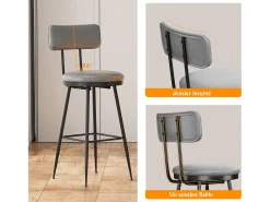 Juego de 2 sillas de bar, color gris, estilo industrial, respaldo de piel sintética, altura 65 cm