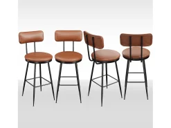 Juego de 4 sillas de bar con respaldo, piel sintética marrón, altura del asiento de 65 cm