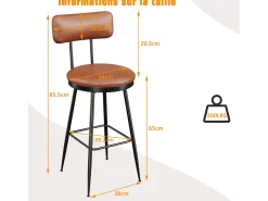 Juego de 4 sillas de bar con respaldo, piel sintética marrón, altura del asiento de 65 cm