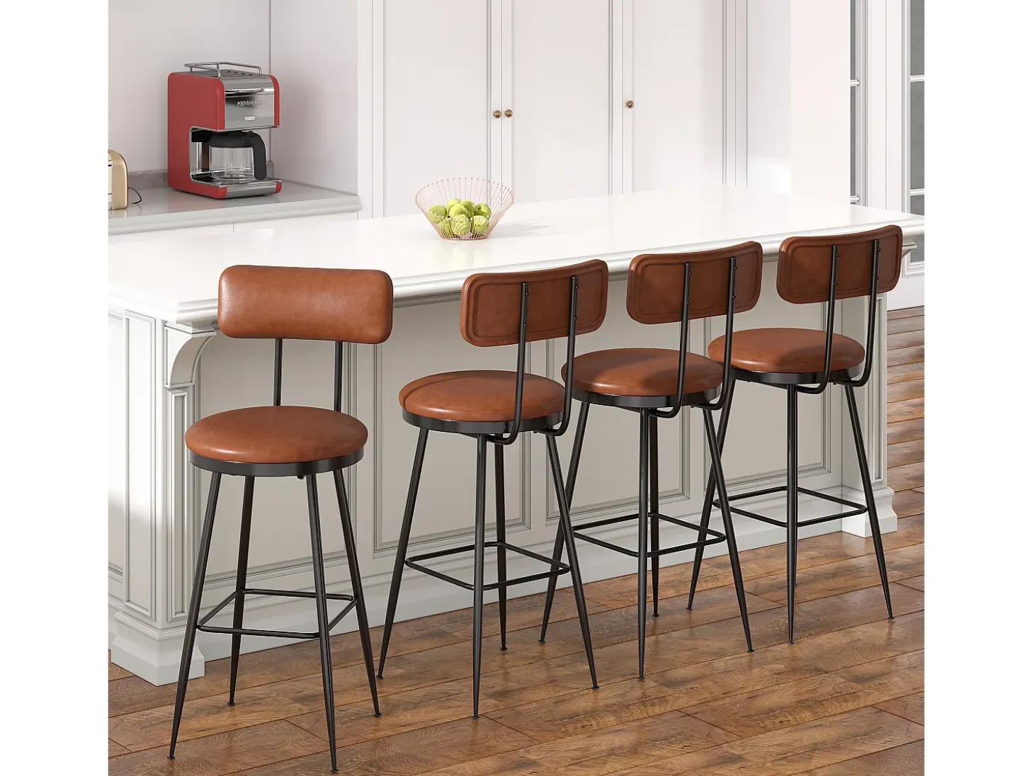 Juego de 4 sillas de bar con respaldo, piel sintética marrón, altura del asiento de 65 cm
