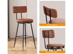 Juego de 4 sillas de bar con respaldo, piel sintética marrón, altura del asiento de 65 cm
