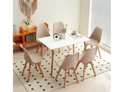 Juego de 4 Sillas de Cocina Retro Tapizadas en Tela Beige Claro - Patas de Madera de Haya Maciza
