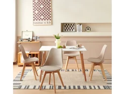 Juego de 4 Sillas de Cocina Retro Tapizadas en Tela Beige Claro - Patas de Madera de Haya Maciza
