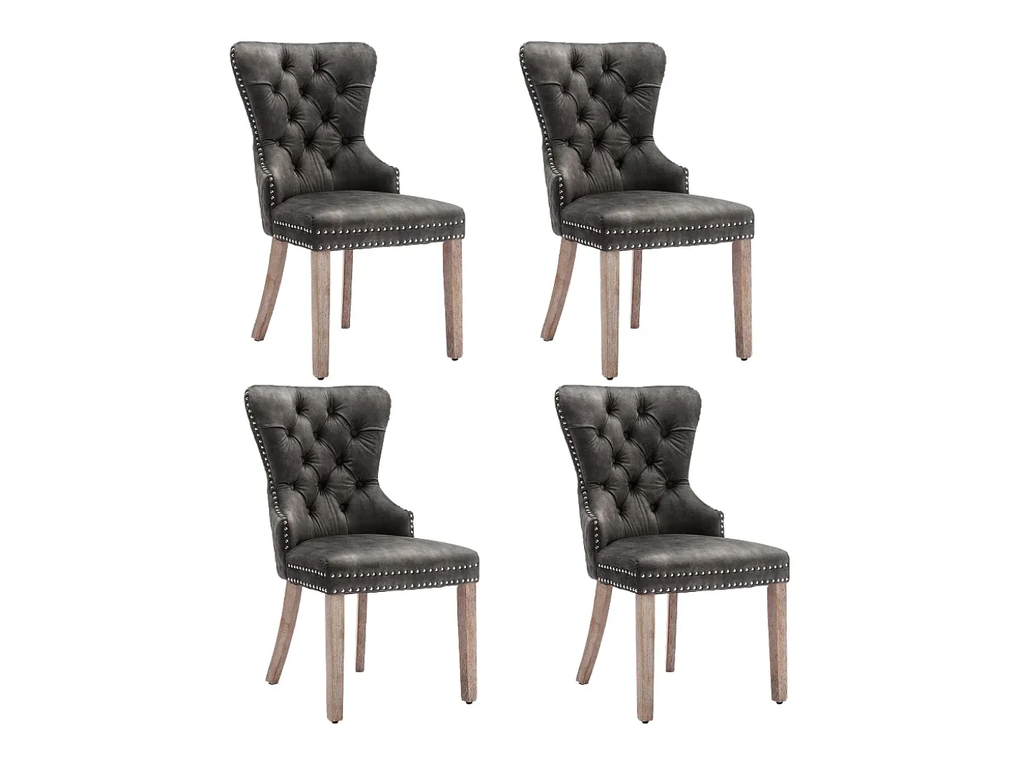 Juego de 4 sillas de cocina de terciopelo gris con detalles en tachuelas plateadas y patas de madera marrón.