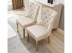 Juego de 2 sillas de cocina de terciopelo beige, estructura de metal dorado
