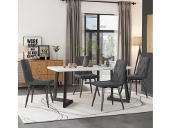 Juego de 4 sillas de cocina de lino y sarga gris con patas de metal negro