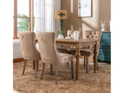 Juego de 2 sillas de comedor - Sillas con respaldo acolchado, patas de madera y ribete de tachuelas - terciopelo caqui