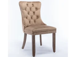 Juego de 2 sillas de comedor - Sillas con respaldo acolchado, patas de madera y ribete de tachuelas - terciopelo caqui