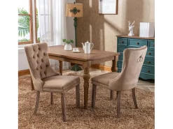Juego de 2 sillas de comedor - Sillas con respaldo acolchado, patas de madera y ribete de tachuelas - terciopelo caqui