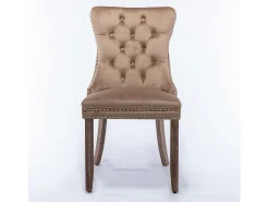 Juego de 2 sillas de comedor - Sillas con respaldo acolchado, patas de madera y ribete de tachuelas - terciopelo caqui