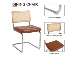 Juego de 2 sillas de comedor estilo mediados de siglo - Tapizadas en piel sintética y ratán - 50 x 61 x 86 cm, color marrón