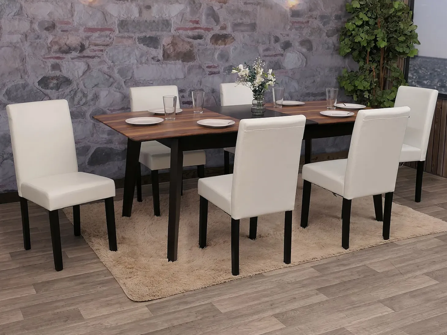Juego de 6 sillas de comedor Littau de piel sintética, polipiel, blanca, patas oscuras