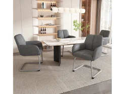 Juego de 4 sillas de comedor con reposabrazos, piel sintética, patas de metal curvadas, gris (56x56x76 cm)