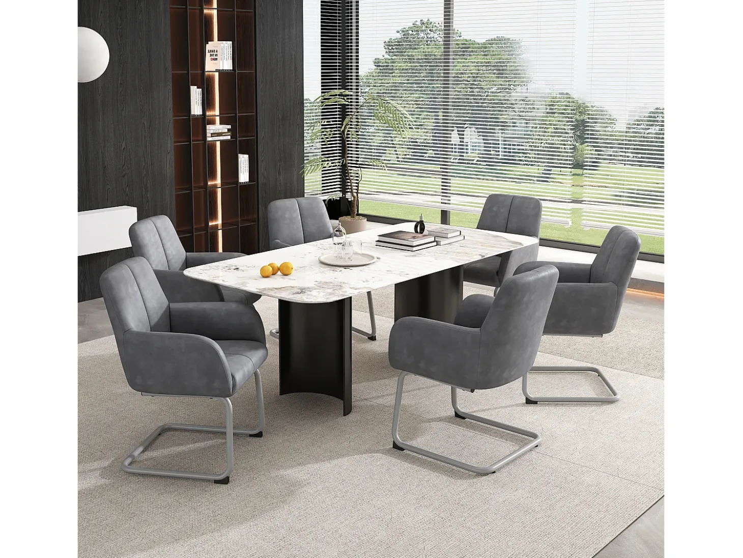 Juego de 4 sillas de comedor con reposabrazos, piel sintética, patas de metal curvadas, gris (56x56x76 cm)