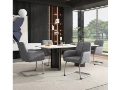 Juego de 4 sillas de comedor con reposabrazos, piel sintética, patas de metal curvadas, gris (56x56x76 cm)