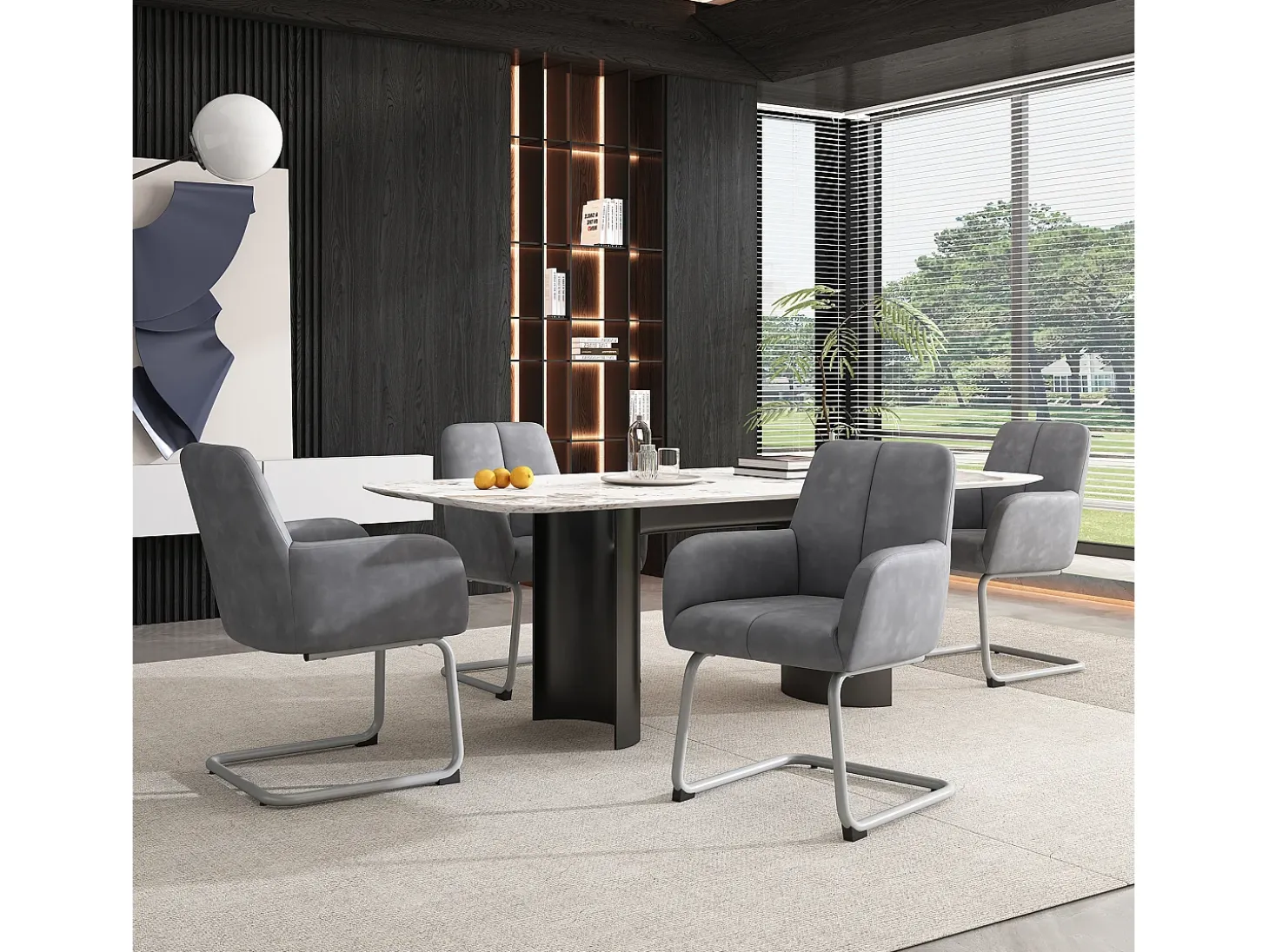 Juego de 4 sillas de comedor con reposabrazos, piel sintética, patas de metal curvadas, gris (56x56x76 cm)