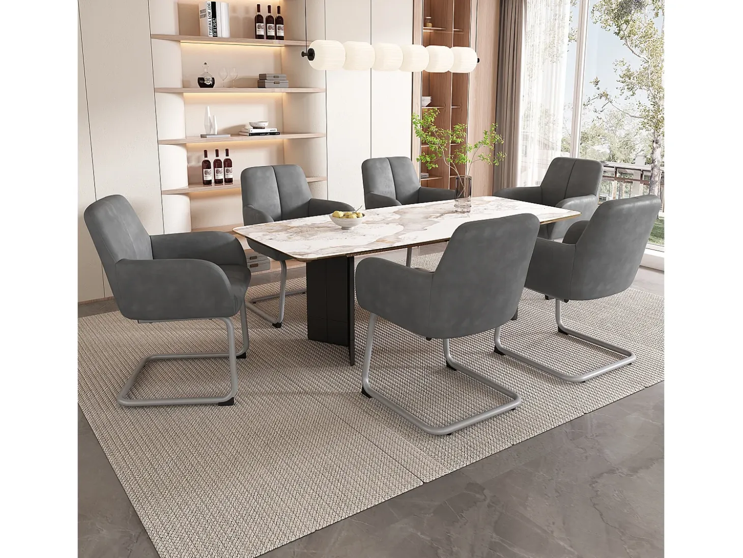 Juego de 4 sillas de comedor con reposabrazos, piel sintética, patas de metal curvadas, gris (56x56x76 cm)