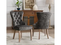 Juego de 2 sillas de comedor, tapizadas con ribete de tachuelas, patas de madera maciza, funda de terciopelo, color gris, con diseño de aldaba.