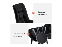 Juego de 4 sillas de comedor modernas tapizadas con respaldo - terciopelo - negro - Para cocina, salón