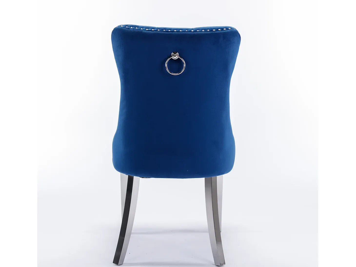 Juego de 2 sillas de comedor en terciopelo azul con respaldo acolchado y patas de metal plateado