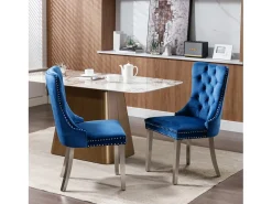 Juego de 2 sillas de comedor en terciopelo azul con respaldo acolchado y patas de metal plateado