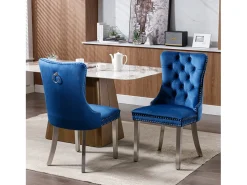 Juego de 2 sillas de comedor en terciopelo azul con respaldo acolchado y patas de metal plateado