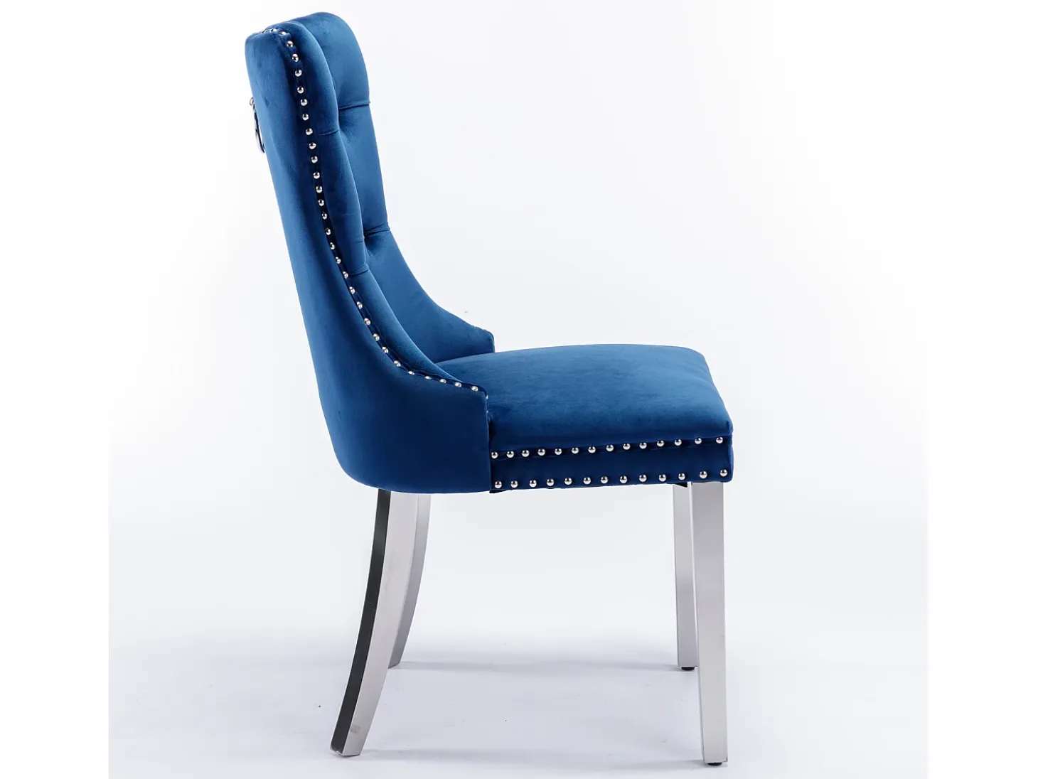 Juego de 2 sillas de comedor en terciopelo azul con respaldo acolchado y patas de metal plateado