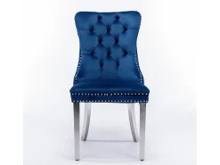 Juego de 2 sillas de comedor en terciopelo azul con respaldo acolchado y patas de metal plateado
