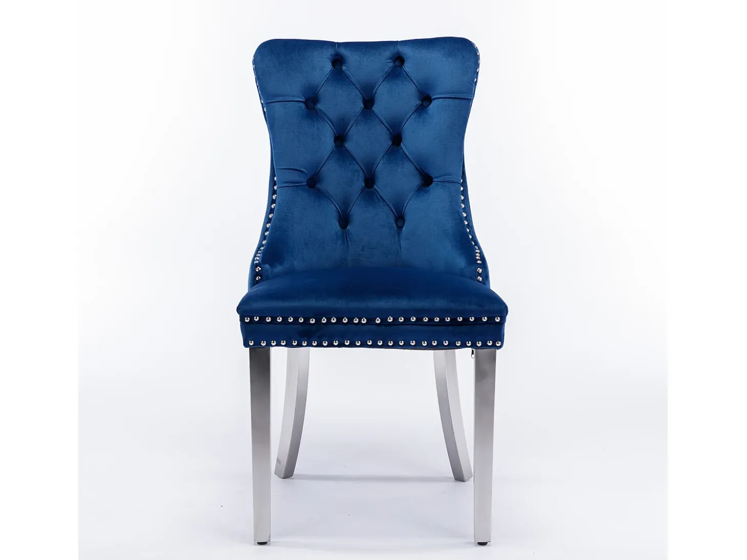 Juego de 2 sillas de comedor en terciopelo azul con respaldo acolchado y patas de metal plateado