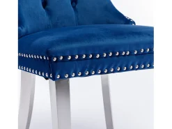 Juego de 2 sillas de comedor en terciopelo azul con respaldo acolchado y patas de metal plateado
