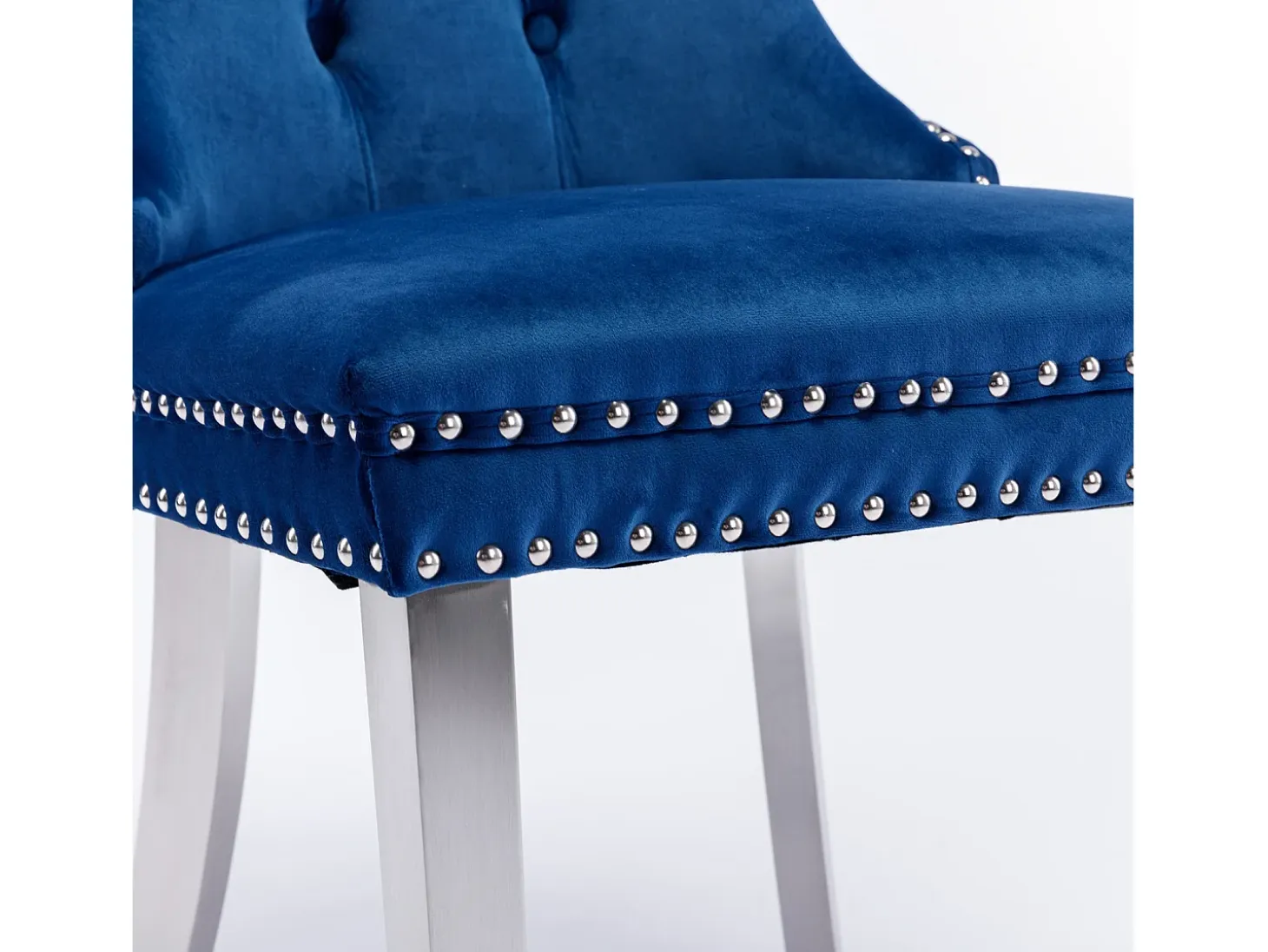 Juego de 2 sillas de comedor en terciopelo azul con respaldo acolchado y patas de metal plateado