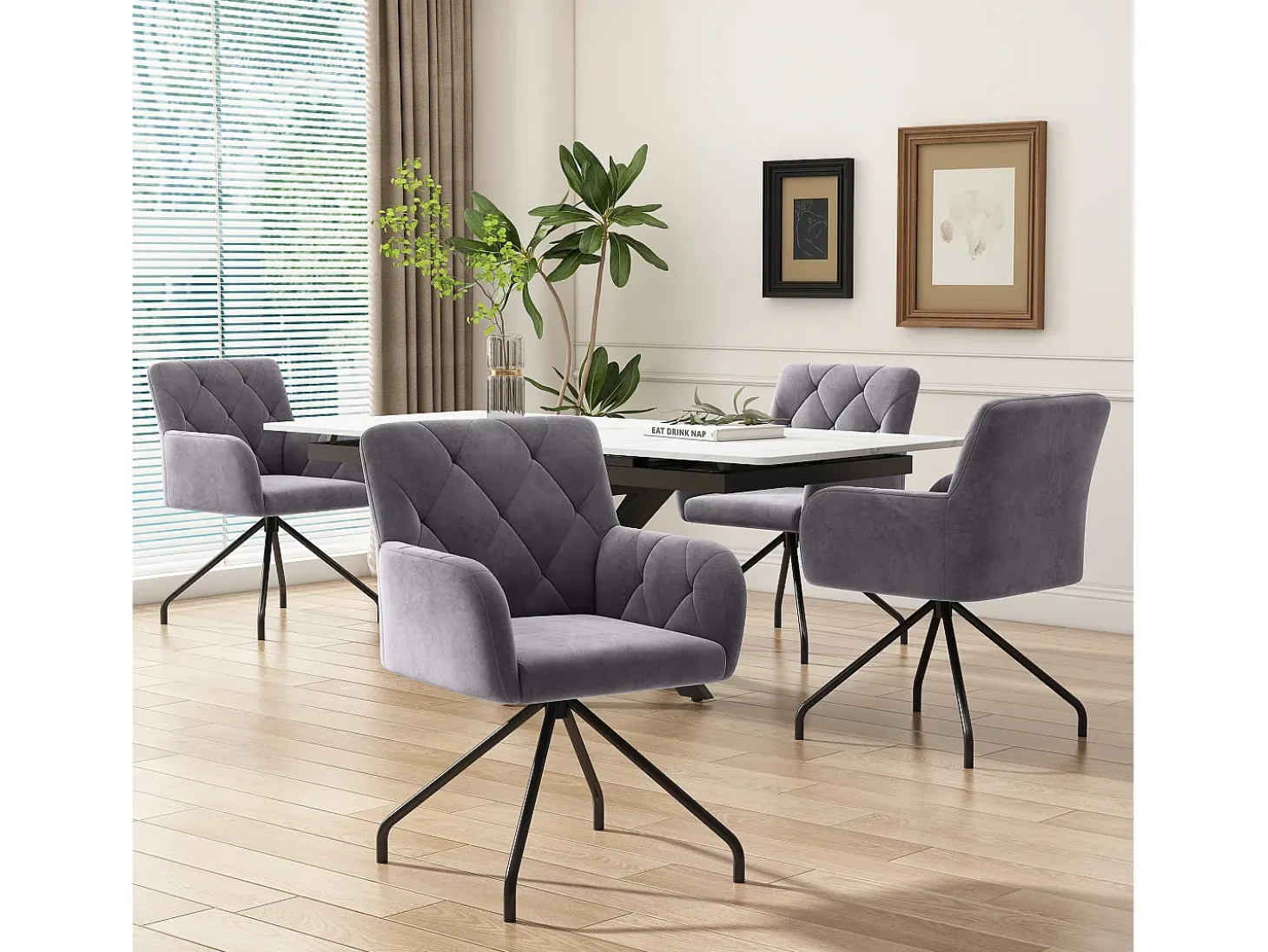 Juego de 6 sillas de comedor de terciopelo - 85 x 49 x 49 cm - Sillón tapizado con 4 patas de metal - con soporte lumbar - Gris