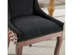Juego de 2 sillas de comedor en chenilla con tachuelas decorativas y respaldo - negro y estampado leopardo