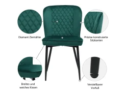 Juego de 2 sillas de comedor, verde oscuro, diseño de silla tapizada con respaldo, terciopelo, estructura de metal