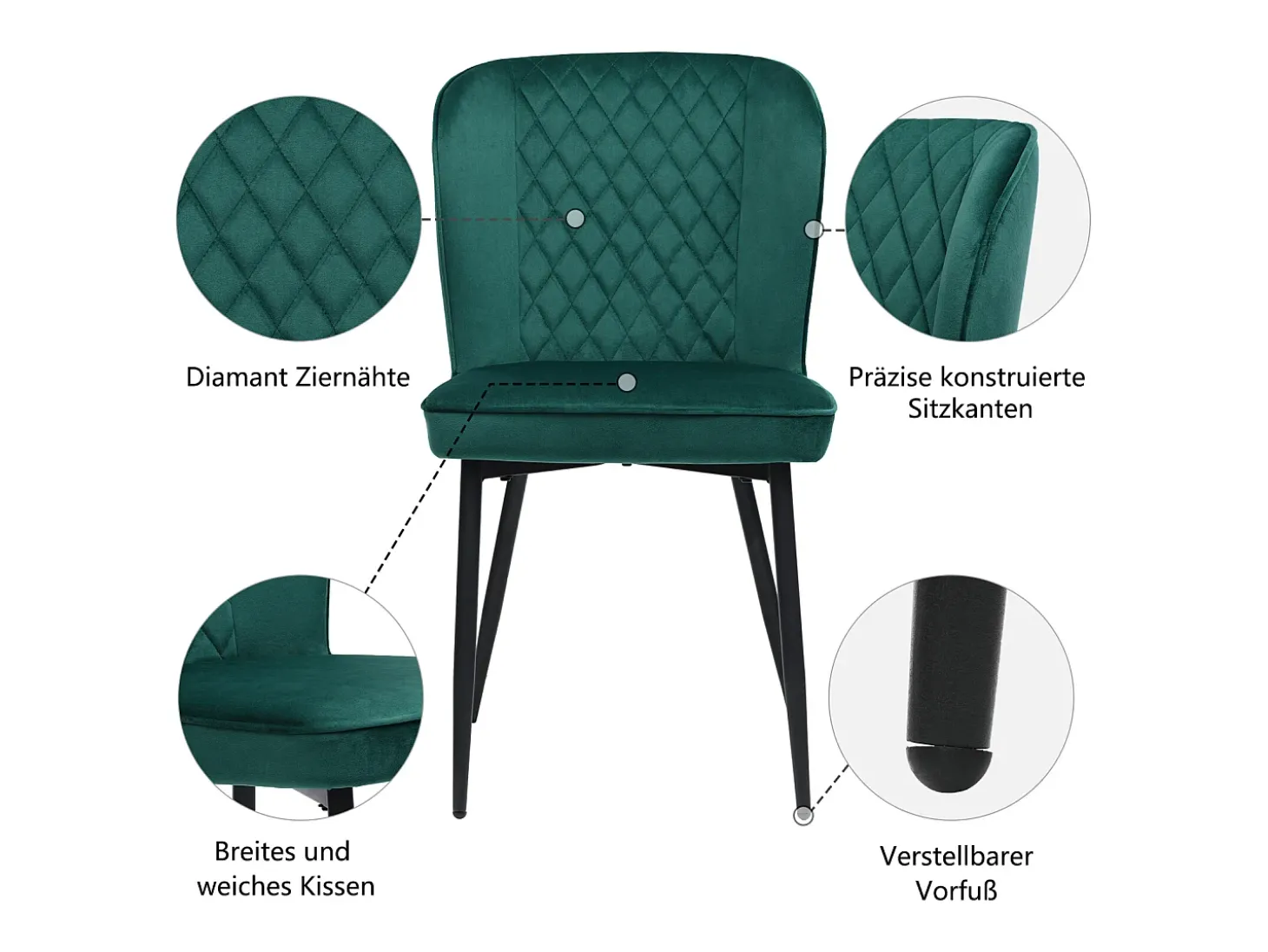 Juego de 2 sillas de comedor, verde oscuro, diseño de silla tapizada con respaldo, terciopelo, estructura de metal