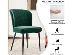 Juego de 2 sillas de comedor, verde oscuro, diseño de silla tapizada con respaldo, terciopelo, estructura de metal