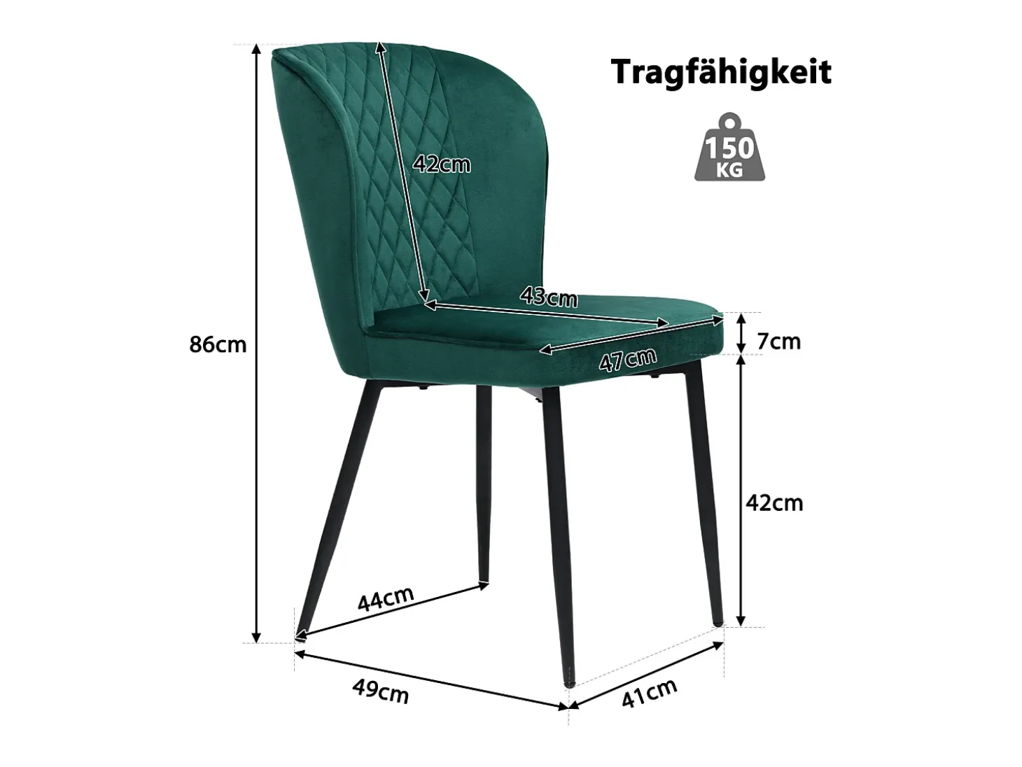 Juego de 2 sillas de comedor, verde oscuro, diseño de silla tapizada con respaldo, terciopelo, estructura de metal