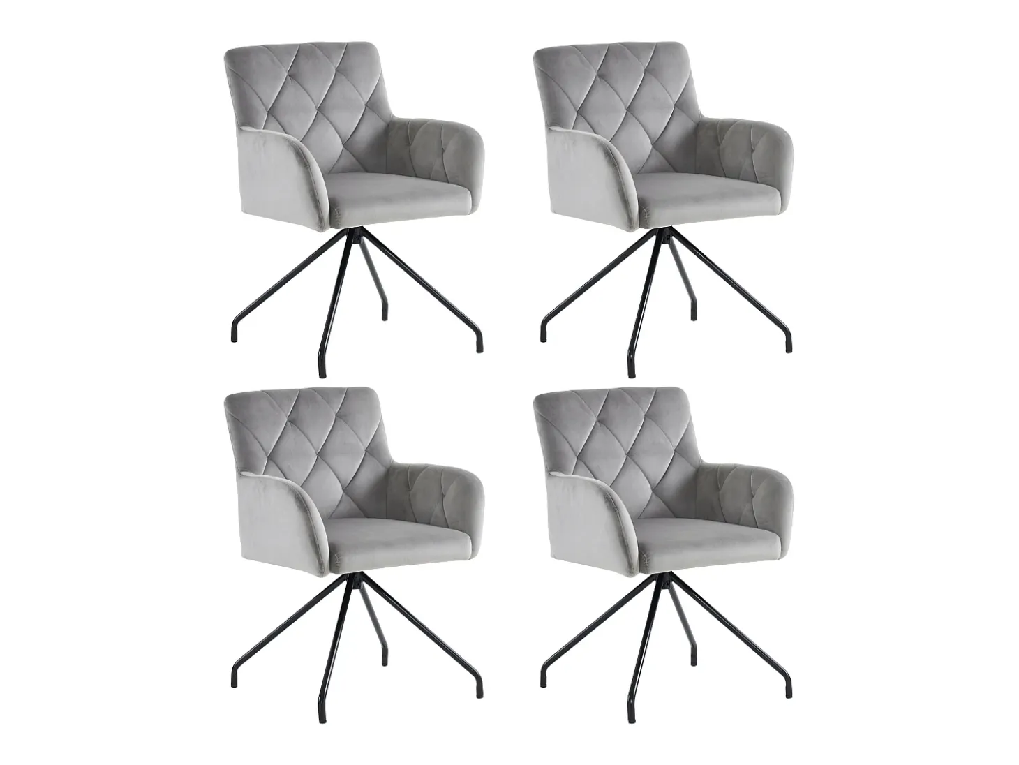 Juego de 4 sillas de comedor de terciopelo gris claro con respaldo de rombos y patas de metal negro