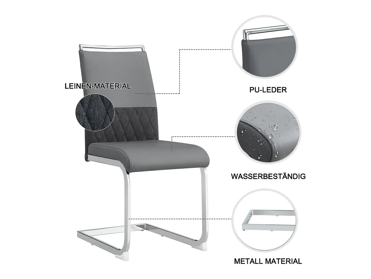 Juego de 6 sillas de comedor modernas, respaldo de piel sintética y lino, trona tapizada, diseño de rayas cruzadas, color gris (42 x 45 x 83,7 cm)