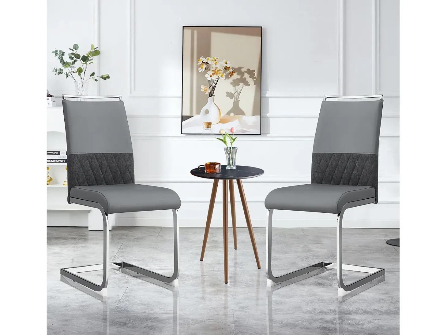 Juego de 6 sillas de comedor modernas, respaldo de piel sintética y lino, trona tapizada, diseño de rayas cruzadas, color gris (42 x 45 x 83,7 cm)
