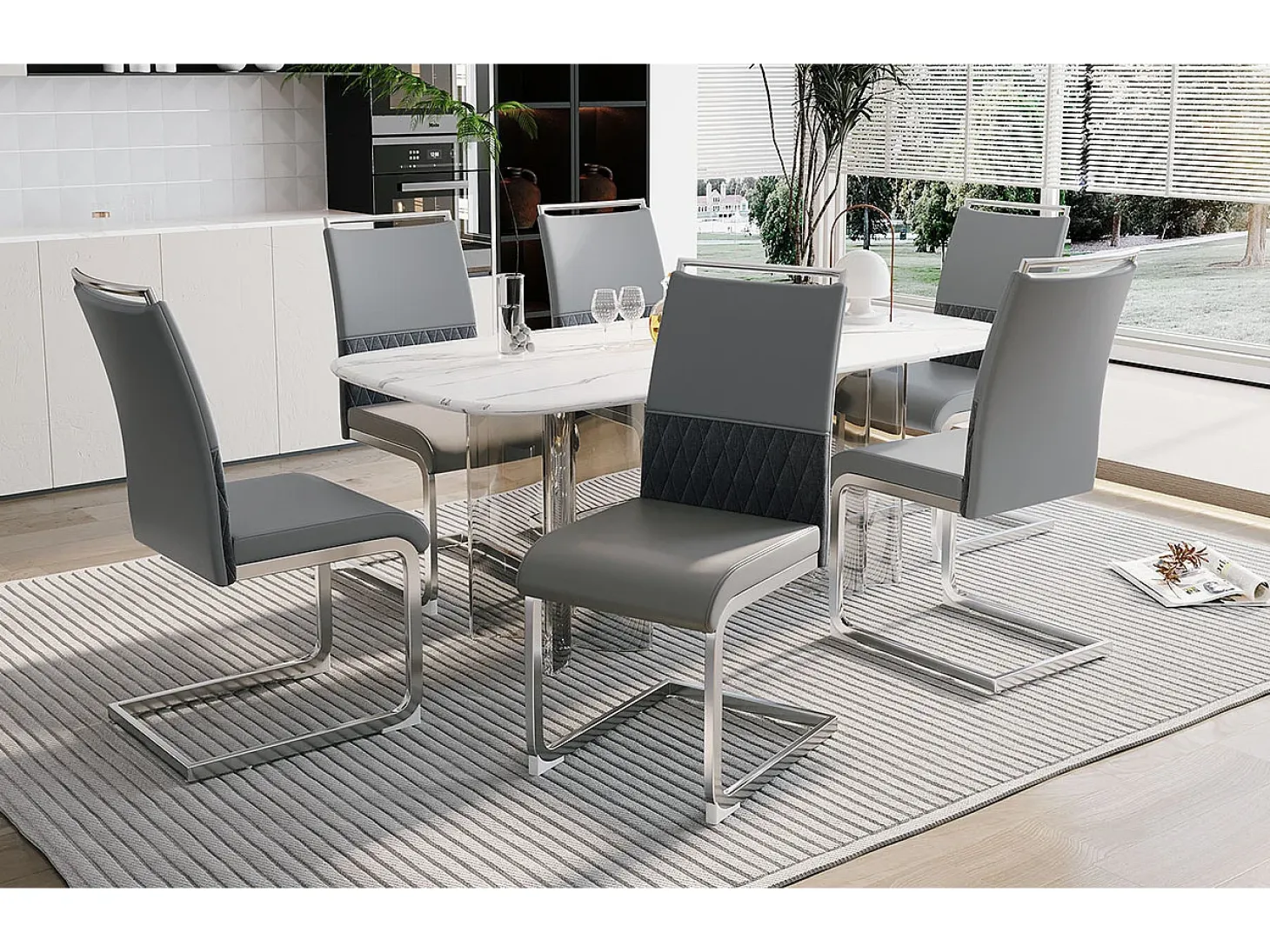 Juego de 6 sillas de comedor modernas, respaldo de piel sintética y lino, trona tapizada, diseño de rayas cruzadas, color gris (42 x 45 x 83,7 cm)