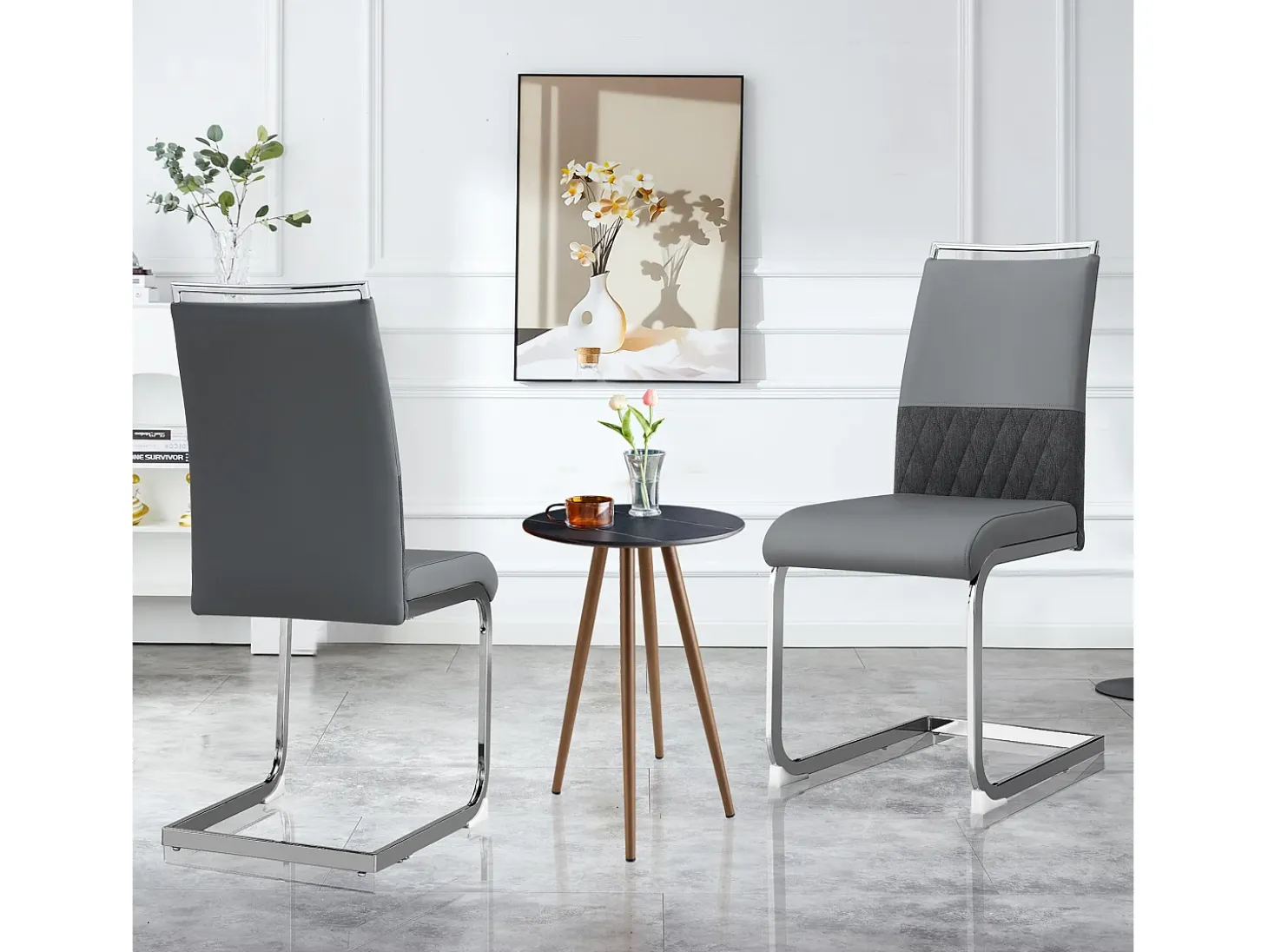 Juego de 6 sillas de comedor modernas, respaldo de piel sintética y lino, trona tapizada, diseño de rayas cruzadas, color gris (42 x 45 x 83,7 cm)