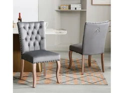 Juego de 2 sillas de comedor, tapizadas con ribete de tachuelas, patas de madera maciza, funda de terciopelo, color gris, con diseño de aldaba.