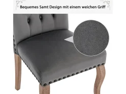Juego de 2 sillas de comedor, tapizadas con ribete de tachuelas, patas de madera maciza, funda de terciopelo, color gris, con diseño de aldaba.