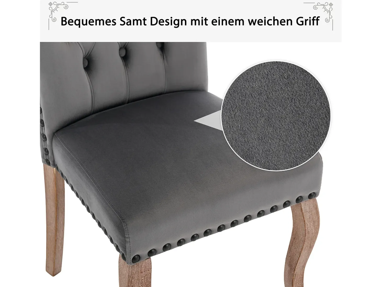 Juego de 2 sillas de comedor, tapizadas con ribete de tachuelas, patas de madera maciza, funda de terciopelo, color gris, con diseño de aldaba.