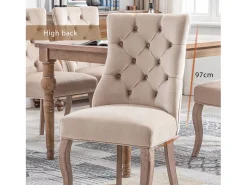 Juego de 2 sillas de comedor, respaldo alto, terciopelo beige, clavos decorativos, madera maciza (97 x 51 x 47 cm)