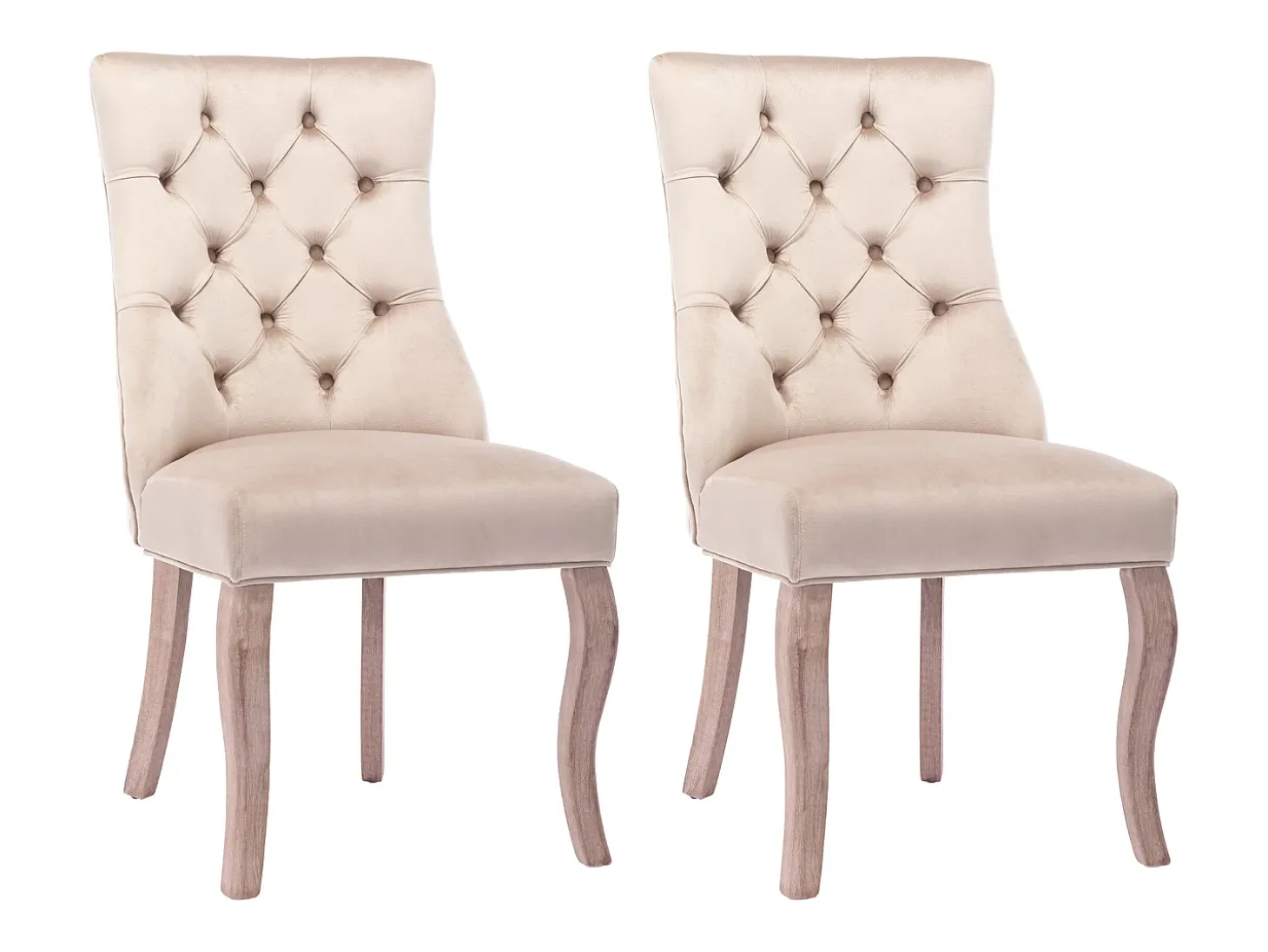 Juego de 2 sillas de comedor, respaldo alto, terciopelo beige, clavos decorativos, madera maciza (97 x 51 x 47 cm)
